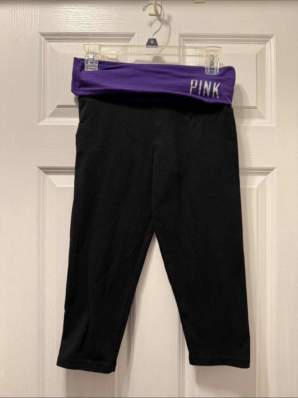 PINK Victoria's Secret Black Capri Leggings with Purple Fold-Over Waistband